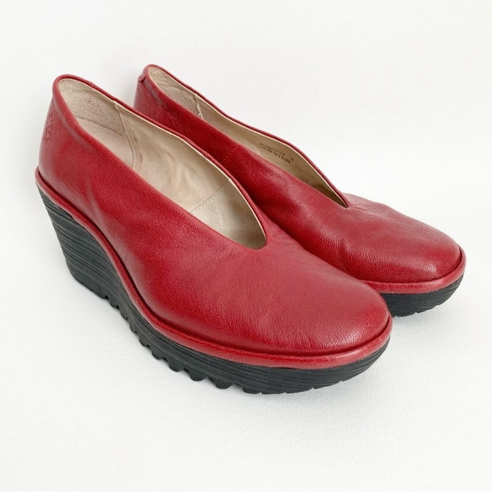 Fly London - Bright Red Leather Slip On Chunky Wedge - Size 38